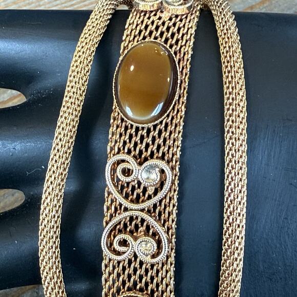 Vintage Gold Tone Mesh Tiger’s Eye Glass Cabochon 7” Bracelet Push Lock Closure - Picture 2 of 5